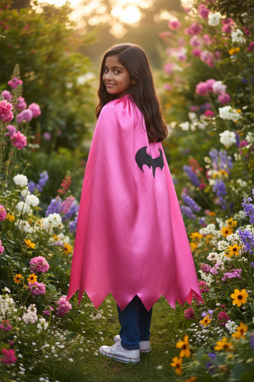 Six Flags DC Comics Batgirl Hot Pink Satin Sparkle Superhero Cape Costume Junior